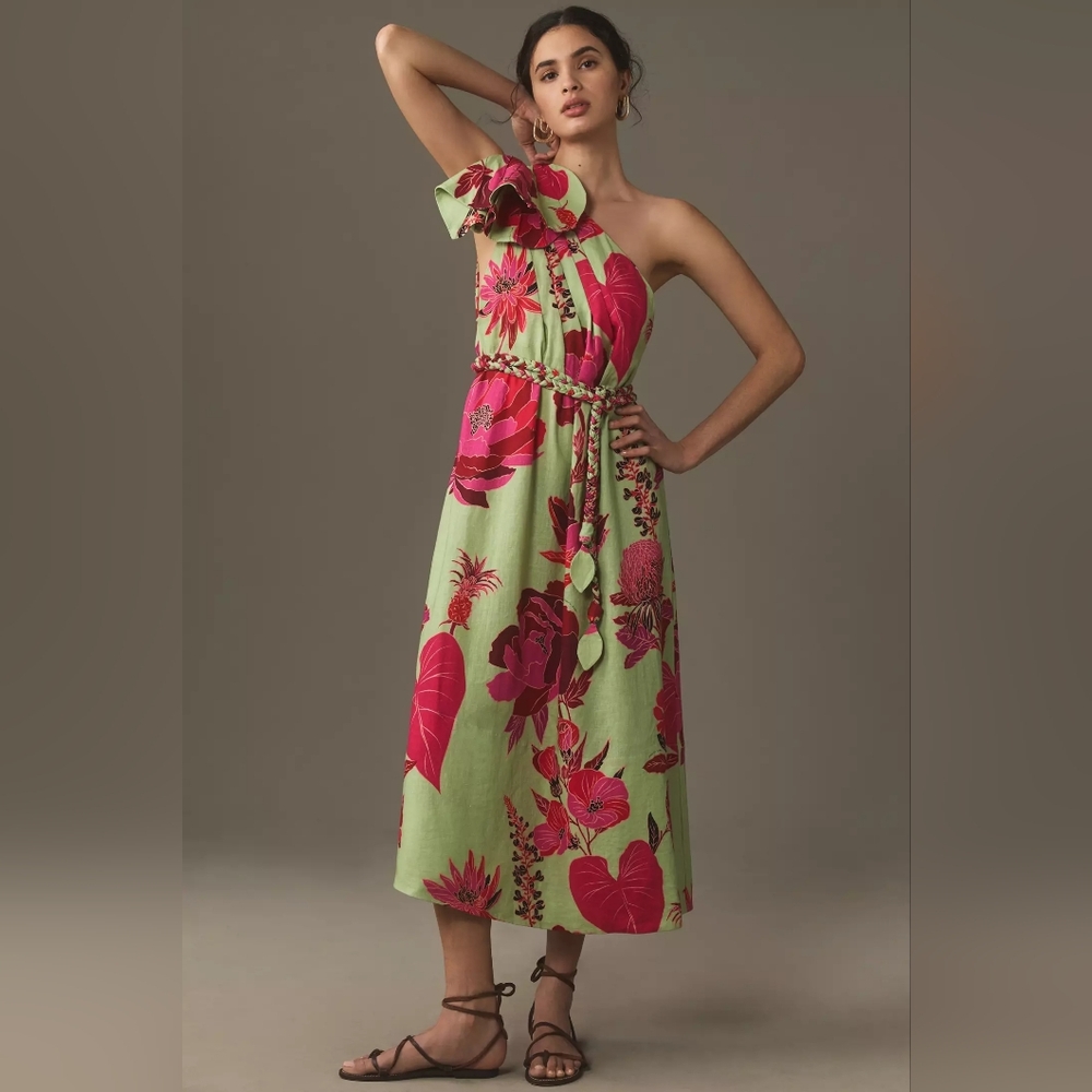 FARM Rio Fresh Garden Green One Shoulder Pink and Green Dress